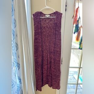 Knox Rose. Long red heather cardigan crochet duster vest